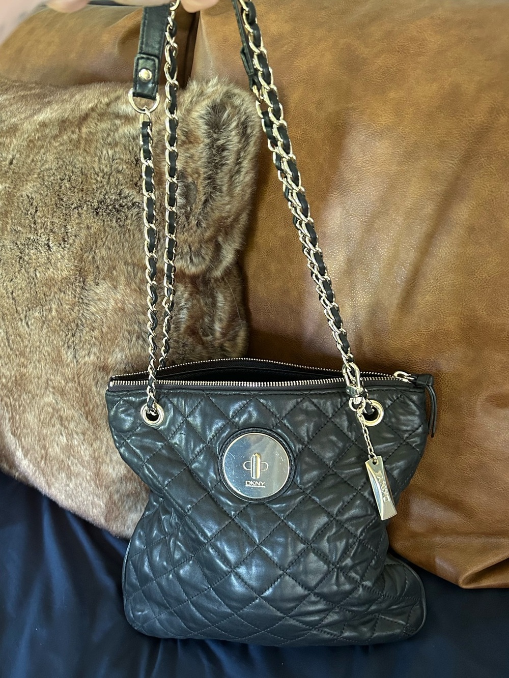 DKNY Black Quilted Leather Chain-Handle Shoulder Bag